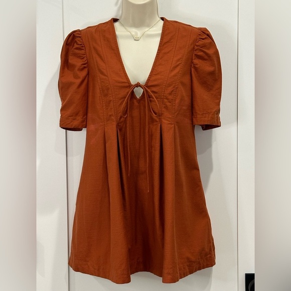 Free People Adela Tunic Mini Dress Tie Front Puff Sleeve Brick Orange Small - Picture 4 of 14